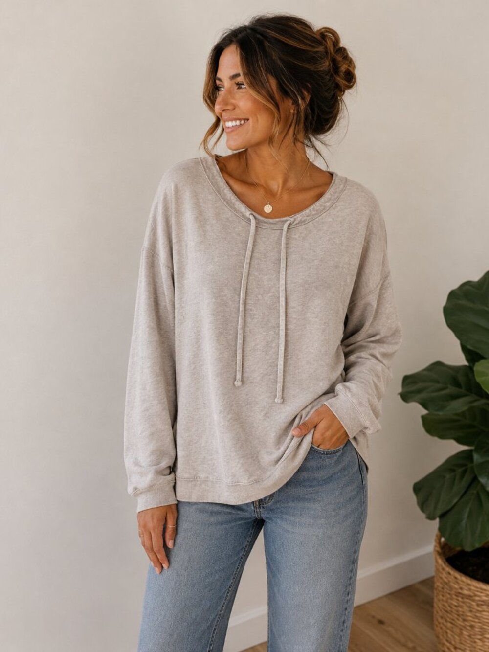 Lafayette 148 New York Gray Oatmeal Knit Pullover Sweater XL‎ Drawstring Neck